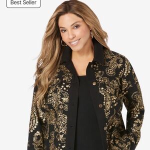 Gently used black/good print denim jacket by Jessica London s 22W